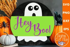 Farmhouse Halloween Round Sign, Hey Boo Door Hanger Svg Product Image 1
