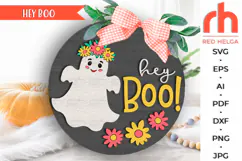 hey boo svg, cute ghost silhouette, happy halloween svg, layered door sign, halloween sign svg, floral hanging sign, laser cut file, spooky flower hanger svg, fall welcome sign svg, halloween scene, glowforge cut file, cricut cut file