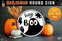 Hey Boo Sign SVG design on a halloween round sign