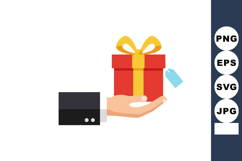 Hand holding red gift box with yellow ribbon and blue price Product Image 1