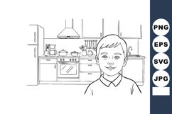 Young boy smiling in modern kitchen interior with stove frid Product Image 1