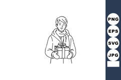 Young man holding gift box wrapped with ribbon in winter clo Product Image 1