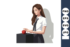 Young woman in white shirt and black tie touching red apple Product Image 1