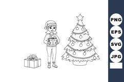 Child holding gift box standing near decorated Christmas tre Product Image 1