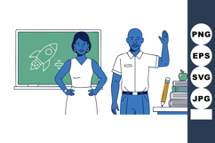 Teacher and student standing near chalkboard with rocket dra Product Image 1