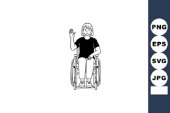 Person sitting in wheelchair waving hand simple black and wh Product Image 1
