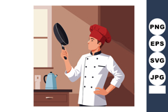 Chef holding frying pan in kitchen cooking attire and red ha Product Image 1