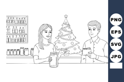 Couple enjoying drinks together near decorated Christmas tre Product Image 1