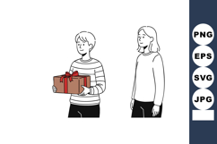Boy giving gift box with red ribbon to woman in casual cloth Product Image 1