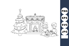 Christmas tree and fireplace with two children opening gifts Product Image 1