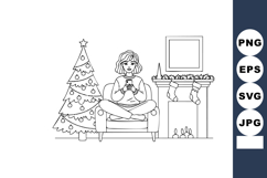 Woman drinking coffee near Christmas tree and fireplace enjo Product Image 1
