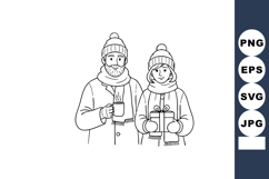 Couple holding gift and cup wearing winter hats scarves and Product Image 1
