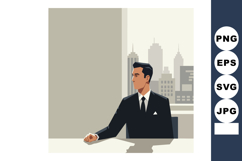 Businessman in black suit sitting at desk with city skyline Product Image 1