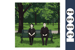 Man and woman sitting on bench in green park under large tre Product Image 1