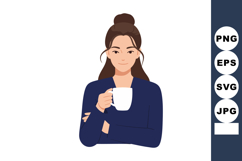 Woman holding cup enjoying drink in casual navy blue outfit Product Image 1
