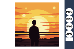 Man watching sunset over ocean horizon with orange sky and g Product Image 1