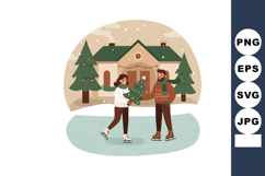 Couple ice skating outdoor winter scene holding Christmas tr Product Image 1