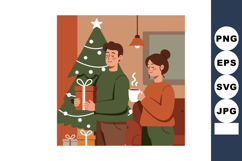 Couple celebrating Christmas holiday with gift and coffee ne Product Image 1