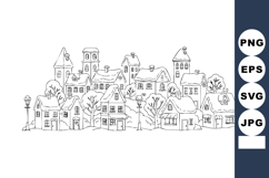 Vector line art of village houses with trees and street lamp Product Image 1