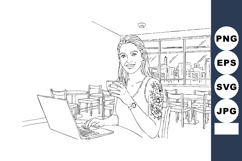 Woman working on laptop with coffee cup in modern office int Product Image 1