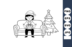 Child sitting on sofa wearing Santa hat holding Christmas gi Product Image 1