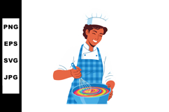 Young chef stirring colorful batter with whisk in kitchen ap Product Image 1