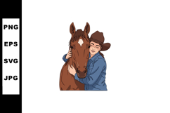 Woman in cowboy hat hugging brown horse affectionate ranch l Product Image 1