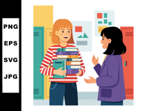 Two Students Talking in School Hallway with Books and Locker Product Image 1