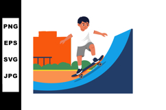 Boy Skateboarding on Blue Half Pipe Ramp in Urban Skate Park Product Image 1