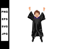 Excited young male graduate jumping in black gown with purpl Product Image 1