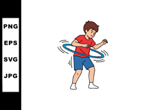 Boy playing with blue hula hoop in red shirt and blue shorts Product Image 1