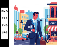 Businessman walking in city street holding briefcase and fil Product Image 1