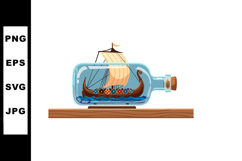 Viking ship in bottle illustration with sail and shields on Product Image 1