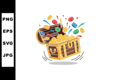 Treasure chest overflowing with gold coins and colorful gems Product Image 1