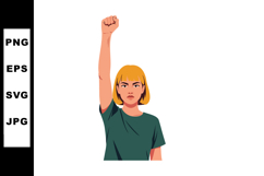 Young woman raising fist in green shirt symbolizing empowerm Product Image 1