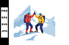 Mountain climbers high five celebrating success in snowy alp Product Image 1
