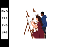 Two people painting on easels in art class with focused expr Product Image 1