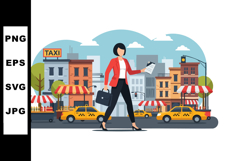 Businesswoman walking in city street with taxis and shops ur Product Image 1
