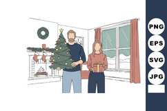 Couple holding decorated Christmas tree and gift box in cozy Product Image 1