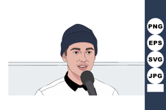 Young man speaking into microphone during event wearing blac Product Image 1