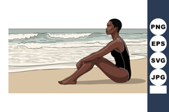 Woman sitting on beach shore in black swimsuit relaxing near Product Image 1