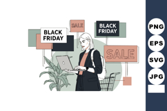 Woman shopping online on laptop surrounded by black friday s Product Image 1