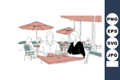 Outdoor cafe scene with people sitting under umbrellas enjoy Product Image 1