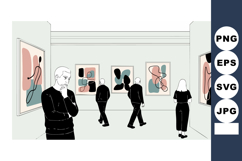 People observing abstract art paintings in modern art galler Product Image 1