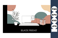 Black Friday shopping bag and gift box with plant and abstra Product Image 1