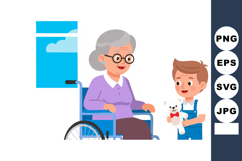 Elderly woman in wheelchair with young boy holding toy teddy Product Image 1