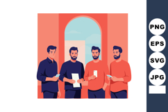 Group of four men standing with smartphones and paper inside Product Image 1