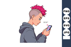 Young person with pink mohawk hairstyle wearing hoodie using Product Image 1