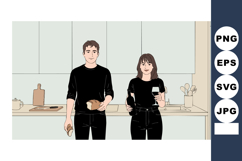 Young man and woman holding coffee cups in modern kitchen ca Product Image 1