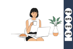 Woman working on laptop drinking coffee with croissant and p Product Image 1